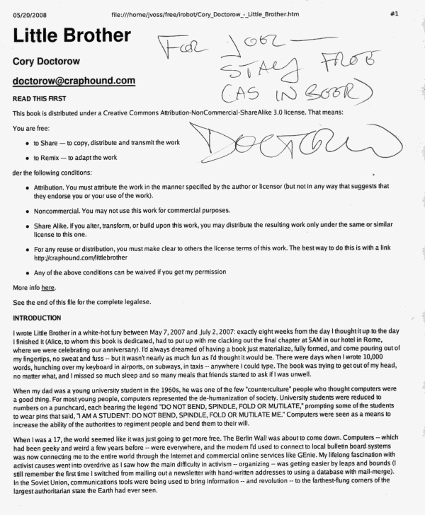 Cory Doctorow signs For Joel -- Stay Free (as in beer) Doctorow