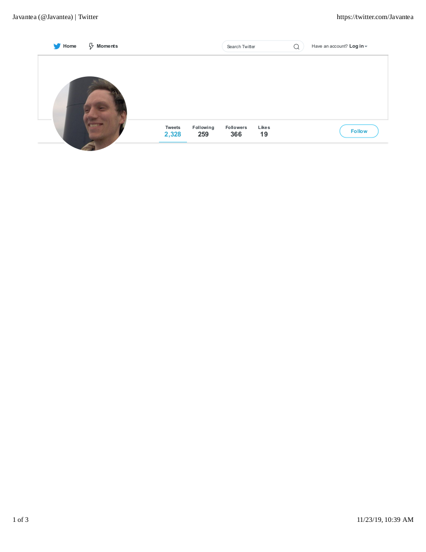 Printed twitter profile of Javantea